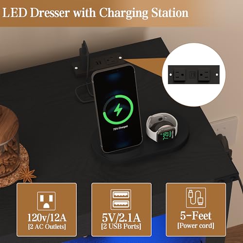 Black Dresser 6 Drawer Dressers for Bedroom with LED Lights, Charging Station, Wood Chest of Drawers with Metal Handles, Modern TV Stand Storage Cabinet for Living Room, Hallway, Entryway - color: Black, style: LED 6 Drawers