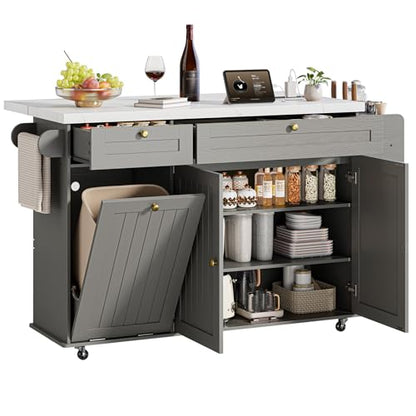 60" Kitchen Island with Power Outlet & Drop Leaf, Rolling Island with Spice Rack & Towel Rack, Kitchen Island Cart with Trash Storage Cabinet, Island Table for Kitchen, Grey+Imitation Marble - color: Grey+imitation Marble