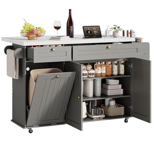 60" Kitchen Island with Power Outlet & Drop Leaf, Rolling Island with Spice Rack & Towel Rack, Kitchen Island Cart with Trash Storage Cabinet, Island Table for Kitchen, Grey+Imitation Marble - color: Grey+imitation Marble
