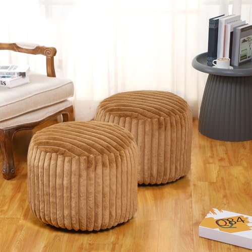 Teenyyou 2 Pcs Unstuffed Pouf Ottoman Cover Brown, 20 x 15 in No Filler | Soft Faux Fur Ribbed Texture, Floor Footrest for Living Room Bedroom, Bean Bag Seating Storage, Empty Cover No Insert - color: Brown, size: 20 x 15 In