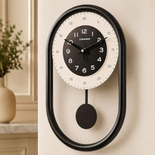 Modern Pendulum Wall Clock for Living Room Décor Kitchen Wall Clock | 8*15.5 inch Silent Battery Operated White and Black Decorative Minimalist Metal Wall Clock - color: Black