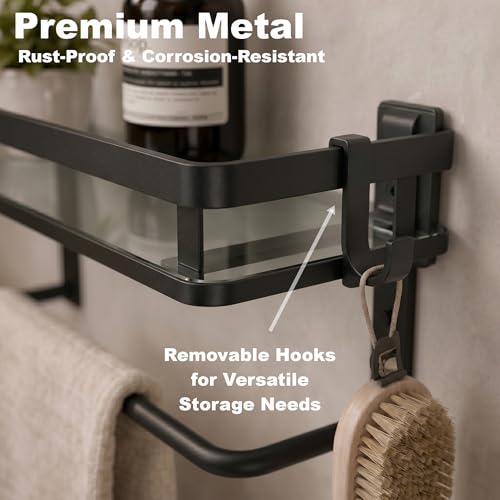 Glass Shelf for Bathroom 15.7 in Black Bathroom Shelves Wall Mounted Tempered Glass Shelving with 4 Removable Hooks (2 Tier) - color: Black