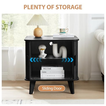 24" Large Square End Table with Charging Station, Farmhouse Fluted Sofa Side Table with Sliding Tambour Door & Storage, Curved Rustic Wood Nightstand for Living Room, Bedroom, Black - color: Black