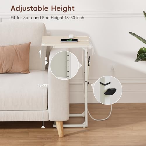 C Shaped End Table with Charging Station, Adjustable Height Side Table for Couch, Small Sofa Table C Table End Table, Slide Under Couch Table TV Tray Arm Table for Living Room, Bedroom, Cream - color: Cream White, style: With Plug