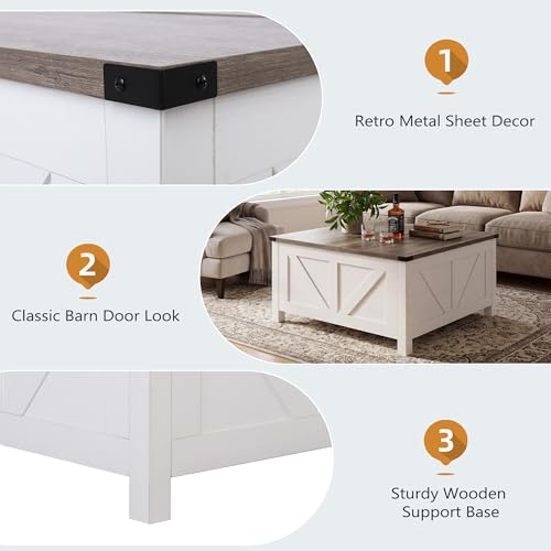 35” Farmhouse Coffee Table with Large Storage, Rustic Wood Lift Top Coffee Table for Living Room, Square Center Table with Charging Station&USB, Modern Port Pottery Barn Lift top Table - color: Grey