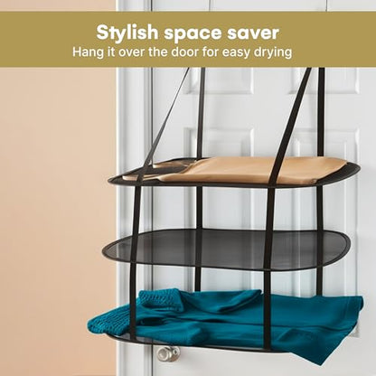 Greenco 3 Tier Over The Door Folding Drying Rack |for Clothing, Sweater, Garment, and Room Organization| Dryer Racks for Laundry Perfect for Small Spaces, Apartments, Dorm Rooms, and Bathrooms|Black