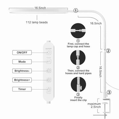Led Desk Lamp - 33.5" Desk Light - Flexible Gooseneck - 5 Color Modes X 11 Brightness Levels - 1300LM - Timmer & Memory Function - 12W Clip on Light - White - style: White gooseneck