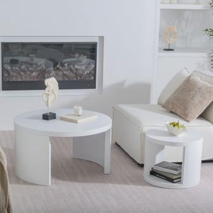 Round Nesting Coffee Table Set of 2, 31.5 & 18 in, White | White nesting coffee table, round coffee tables for living room, rounded edges, space-saving design - color: White