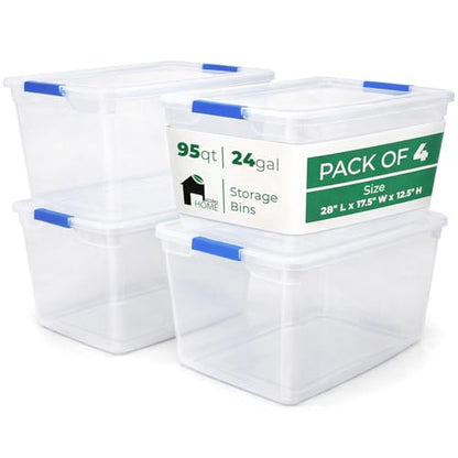 EconoHome Clear Storage Box - 95 Qt/24 Gallon Clear Plastic Storage Bins with Lids 4 Pack - Lidded Stackable Organizer Bins for Organization - Heavy-Duty Tote for Organizing at Home, Office, or Garage