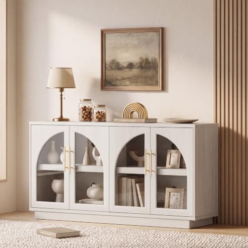 Fatmok 59" Arched Glass Sideboard Buffet Display Cabinet,White Oak | Adjustable Shelves,for Curio,Collectible,Mid-Century Modern,Soft Close Hinges,FSC Wood,Dining/Living Room - color: B-white Wood Grain