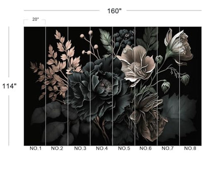 Eierme-Black Background with Flowers and Leaves Mural Wallpaper Peel and Stick 160" x 114" - color: No.14, size: 160" x 114"