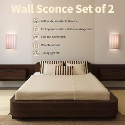 Wall Sconces Set of Two Battery Operated Pink Pattern Cute Wireless Plug in Wall Lights Fixtures Remote Dimmable for Bedroom Living Room Hallway