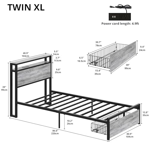 LIKIMIO Twin XL Bed Frames with Drawer and Charging Station, Industrial Gray - color: Industrial Gray, size: Twin XL