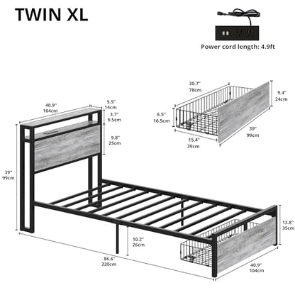 LIKIMIO Twin XL Bed Frames with Drawer and Charging Station, Industrial Gray - color: Industrial Gray, size: Twin XL