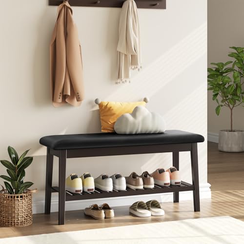 HOOBRO Dining Bench, Bamboo Dining Room Bench, 2-Tier Entryway Bench with PU Leather Upholstered Seat, Kitchen Bench for Living Room, Hallway, Entryway, Bedroom, Kitchen, Brown and Black CB70HX01