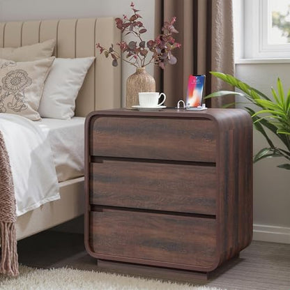 Standifurno Walnut 3 Drawers Nightstand, 25" Tall Wooden Bedside Table with Charging Station, Large Side Table Curved Profile, Handleless, Large End Table Night Stand for Bedroom, Office - color: Walnut, size: 3 Drawer(1PC)
