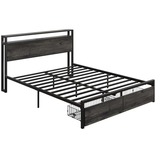 LIKIMIO Queen Bed Frame with Headboard, 2 Drawers and Charging Station - color: Charcoal Grey, size: Queen