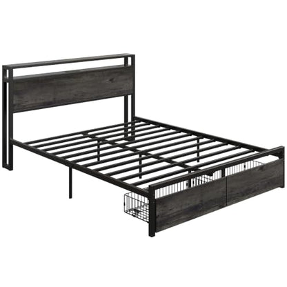 LIKIMIO Queen Bed Frame with Headboard, 2 Drawers and Charging Station - color: Charcoal Grey, size: Queen