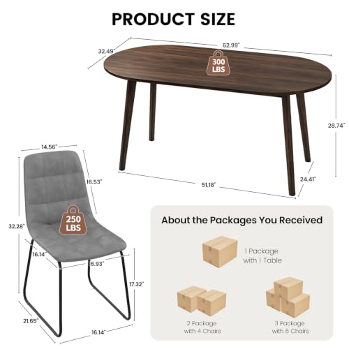 63" Oval Dining Table Set for 4 with Solid Wood Legs | 5 Piece Walnut Dining Table Set for Kitchen and Dining Room Furniture, 4 Grey Dining Chairs, Mid Century Modern - color: Walnut Table C-grey Chairs