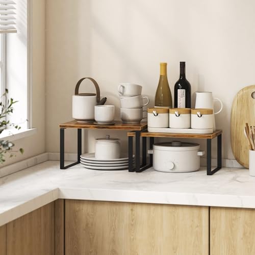 Kitchen Cabinet Organizer Shelf Set of 4, Sturdy Kitchen Counter Shelves with Metal Legs, Stackable Expandable Wood Spice Rack Pantry Cupboard Dish Mug Cup Storage Organizer Shelf, Rustic Brown - color: Rustic Brown