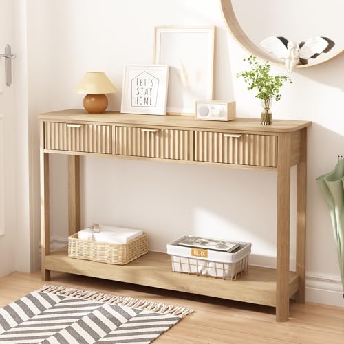 Fluted Console Table with Drawers, 47.1" Entryway Table, Natural | with Storage Shelf, Modern, Narrow Skinny, Behind Couch Wood Sofa Table, for Living Room Hallway Entrance Foyer - color: Natural, size: 1 Pack