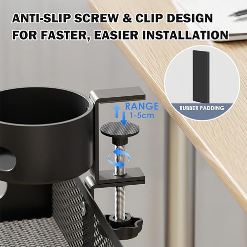 Cup Holder Under Desk Drawer 360° Swivel C-clamp Mounting Mesh Storage Box Spill-proof Easy Install Table Management Tray