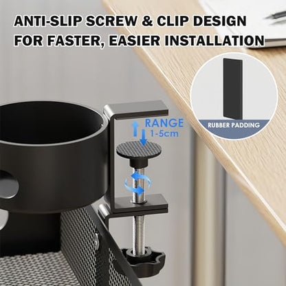 Cup Holder Under Desk Drawer 360° Swivel C-clamp Mounting Mesh Storage Box Spill-proof Easy Install Table Management Tray