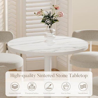 31.5'' Tulip Table, Round Dining Table with Matte Sintered Stone Tabletop | White Aluminum Alloy Edge & Pedestal, Small Bistro Table for Dining Room/Café/Small Spaces/Restaurant (Snow Peak Marble) - color: Snow Peak Marble (White Edge), size: Round