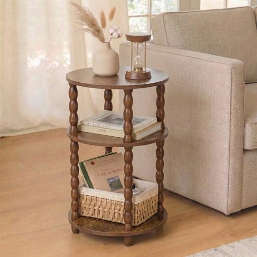Round Side Table with 3-Tier Shelves, Small End Table with Solid Wood Legs for Living Room Bedroom, Modern Circular Coffee Table Nightstand for Small Spaces, Easy No-Tool Assembly - size: Round(13.2''x13.2''x22.8'')