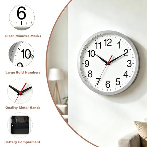 Wall Clock Analog 8 Inch Silver Battery Operated Silent Clock | Easy To Read, Non Ticking, Round, Accurate, Kitchen, Living Room, Classroom, Office, School - color: B_silver, size: 8 Inch