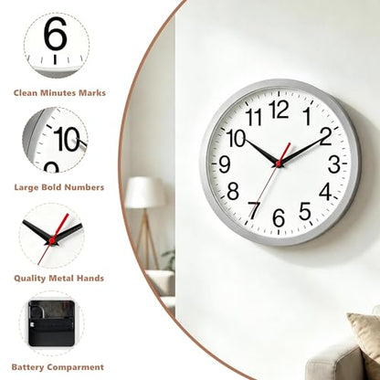 Wall Clock Analog 8 Inch Silver Battery Operated Silent Clock | Easy To Read, Non Ticking, Round, Accurate, Kitchen, Living Room, Classroom, Office, School - color: B_silver, size: 8 Inch