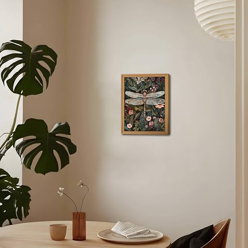 Framed Vintage 3D Textured Wall Art - Dark Green Dragonfly Flowers Wall Decor - Hand Drawn Sandstone Nature Botanical Pictures for Living Room Bedroom Home Decor 8x10in - color: Colorful dragonfly, size: 10"L x 8"W
