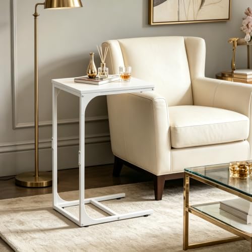 WLIVE C-Shaped End Table Set of 2, Small Couch Side Tables with Metal Frame, Sofa Table TV Tray for Living Room, Bedroom, White - color: White