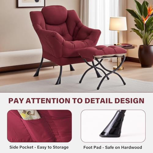 Lazy Chair with Ottoman, Comfy Reading Accent Chair, Burgundy | Foldable Footrest, Padded Seat and Backrest, Side Pocket for Lounging in Living Rooms, Bedrooms, Dorms and Small Spaces - color: Burgundy