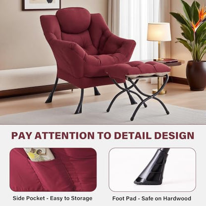 Lazy Chair with Ottoman, Comfy Reading Accent Chair, Burgundy | Foldable Footrest, Padded Seat and Backrest, Side Pocket for Lounging in Living Rooms, Bedrooms, Dorms and Small Spaces - color: Burgundy