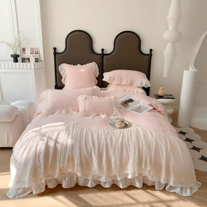 IHOUSTRIY Lace Duvet Cover Queen Size, Chiffon Ruffled Beddding Set with Flower, 3 Pieces Comforter Cover Set with Zipper Closure, Girl Princess Bedding with Pillowcase - Pink, Queen - color: Pink, size: Queen