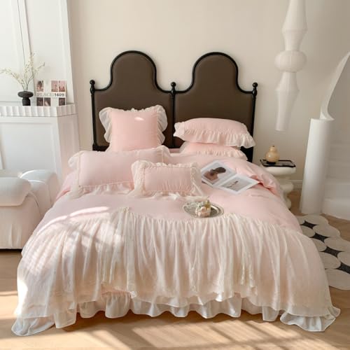 IHOUSTRIY Lace Duvet Cover Queen Size, Chiffon Ruffled Beddding Set with Flower, 3 Pieces Comforter Cover Set with Zipper Closure, Girl Princess Bedding with Pillowcase - Pink, Queen - color: Pink, size: Queen
