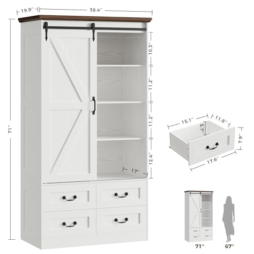 IRONCK Armoire Wardrobe Closet with 4 Drawers, Sliding Barn Doors, White | 71" Wardrobe Cabinet, Tall Clothing Storage Cabinet with Hanging Rod and Shelves for Bedroom - color: White