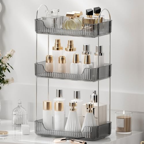 YCIA&DONE Bathroom Organizer Countertop, Makeup Storage, Skincare Cosmetic Tray Shelf, Perfume Holder Rack for Vanity Counter, Large Capacity, Easy to Install, Clean, 3 Tiers, Smoky Gray - color: Smoky Gray, size: 3-Tier