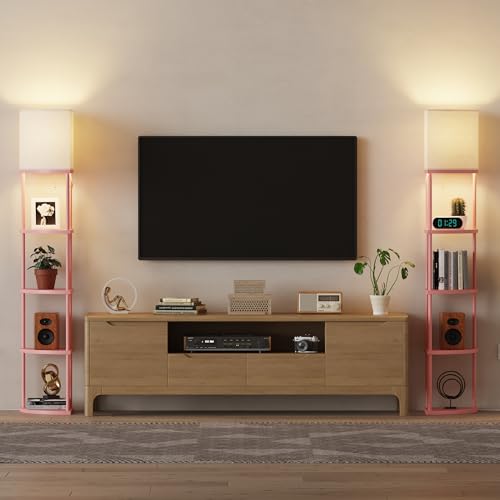 Qupui Floor Lamp with Shelves, 61.5" 5-Tier, 3-Color LED, Pink | Fabric Shade With Soft Cozy Light. 3 Color Temperatures 12W LED. 5 Tiers, 22 Lbs Each. Durable Composite Panels, Metal Frame - color: 5-Tier Pink