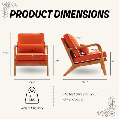 Karl home Mid-Century Modern Accent Reading Chair, Burnt Orange | Linen Upholstered, Solid Wood Frame, Soft Cushion, Lumbar Pillow, Lounge Armchair for Living Room, Bedroom, Balcony, Study - color: Linen Orange