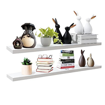 SAUMONIERES Floating Wall Shelves for Bedroom Bathroom Wall Mounted Solid Wood 36 Inches Long Shelf Set of 2, White Floating Shelves - color: White, size: 36 Inch-2 shelves