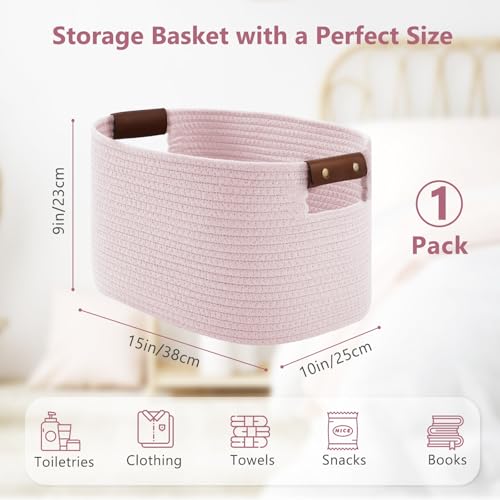 ECDYQXVU 15x10x9 Woven Cotton Rope Storage Basket, Leather Handles 1 Pack | Foldable Design, Sturdy PU Handles, Easy to Clean Organizer for Living Room, Closet, Shelves, Bedroom, Laundry, Clothes - color: Light Pink-1 Pack, size: 1 Pack