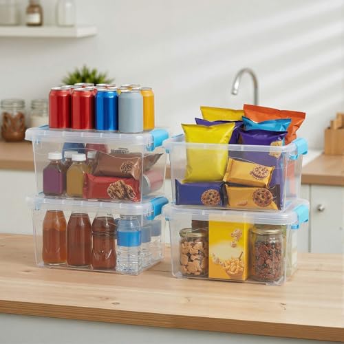 Jetec 8 Pack Clear Plastic Storage Container Bins with Lids 6.5 Qt with Blue Handles, PP Material Storage Containers, Stackable Organizer Bins for Home Office Supplies, 11.02 x 7.48 x 6.02''