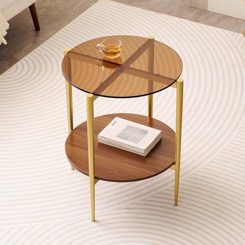 LumFurn D18in Round Glass End Table, Mid-Century Modern Design Side Table for Living Room, D18xH23inch, Amber Glass and Walnut MDF Wood, Conical Legs with Gold Finish Frame - color: D18" Amber & Walnut