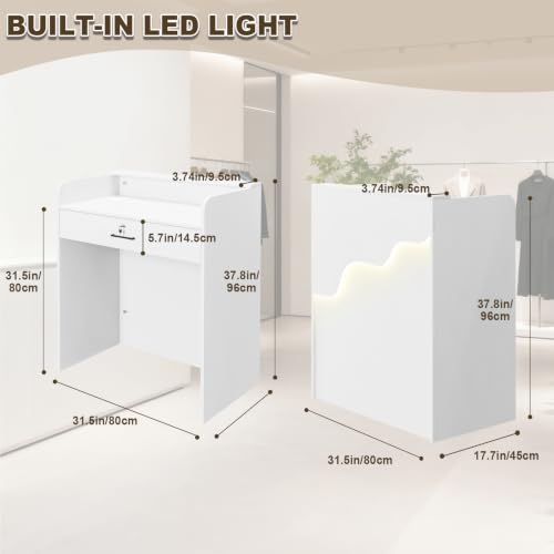 Reception Desk with Counter LED Light, Modern Front Desk with Lockable Drawer, White Retail Checkout Counter for Clothing Store Lobby Beauty Salon (White, 37.8x31.5x15.7in) - size: 37.8x31.5x17.7in