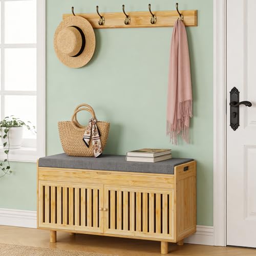 Shoe Storage Bench Coat Rack Set, 35.4" Bamboo Hall Tree Entryway Bench | Shoes Bench with Lift Top Hidden Storage & Wall Hooks, 2-Tier Shoe Cabinet with Seat Cushion for Foyer, Hallway, Natural - color: Natural With Hooks