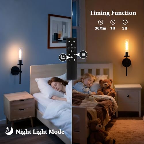 Shenmoyl Battery Operated Wall Sconces Set of 2, Black Rechargeable Wall Lighting Fixtures, Dimmable Wall Lights with Remote & Clear Glass Shade for Living Room, Bathroom,Bedroom - color: Black - Clear Glass