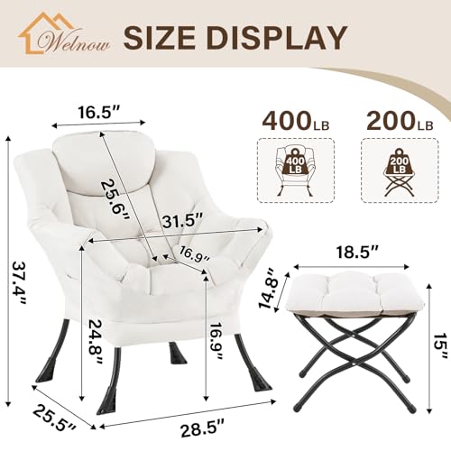 Welnow Lazy Chair with Ottoman, Reading Chair with Footrest, Beige | A Side Pocket,Armrests,Foldable Footrest,Thick Cushioned Seat & Backrest, Lounge Chair for Bedroom,Living Room & Small Space - color: Beige