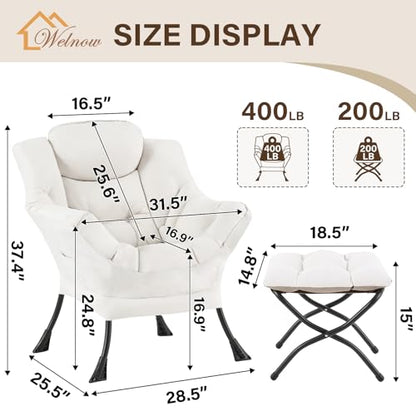 Welnow Lazy Chair with Ottoman, Reading Chair with Footrest, Beige | A Side Pocket,Armrests,Foldable Footrest,Thick Cushioned Seat & Backrest, Lounge Chair for Bedroom,Living Room & Small Space - color: Beige